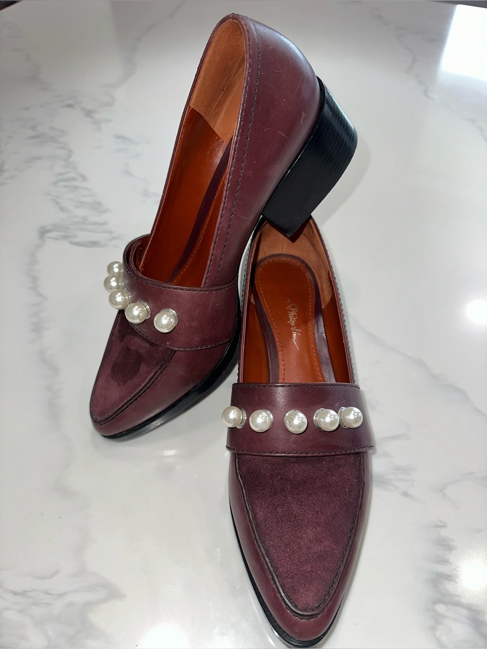 3.1 PHILLIP LIM WINN LOAFERS MALBEC MAROON LEATHER & PEARL ACCENTS W/SUEDE TOP 9 - Picture 2 of 16